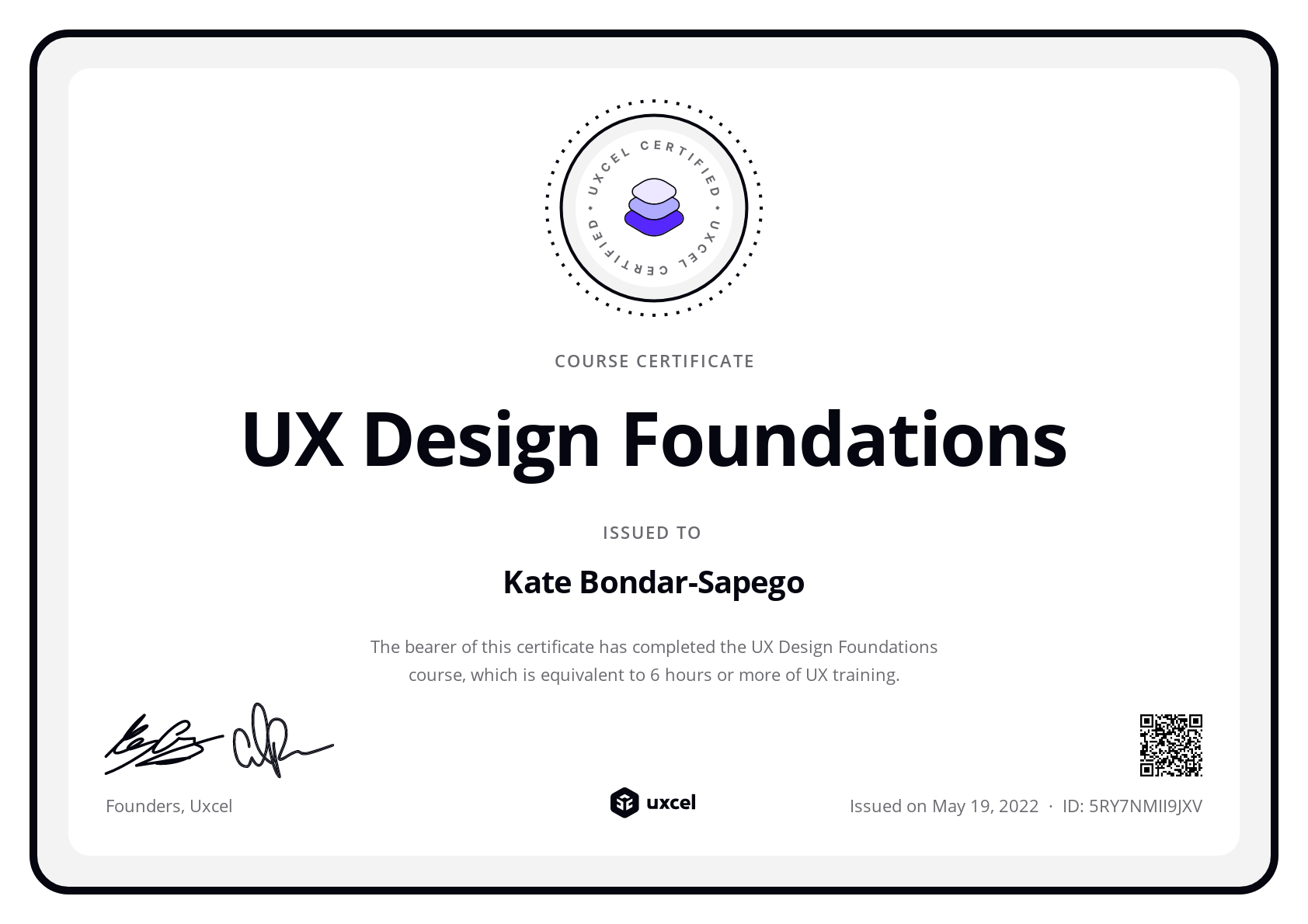 Kate Bondar-Sapego's certificate